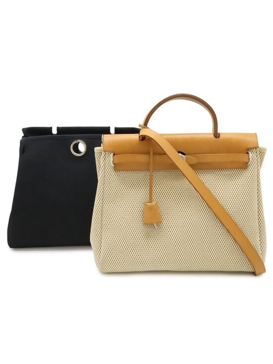 Hermes Herbag PM Handbag 2-Way Backpack Toile GM Leather Beige Black Light Brown main image 7